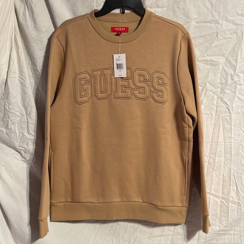 New Guess Mens Sweatshirt Medium Logo Front M Toasted Taupe Tan Crewneck Pockets